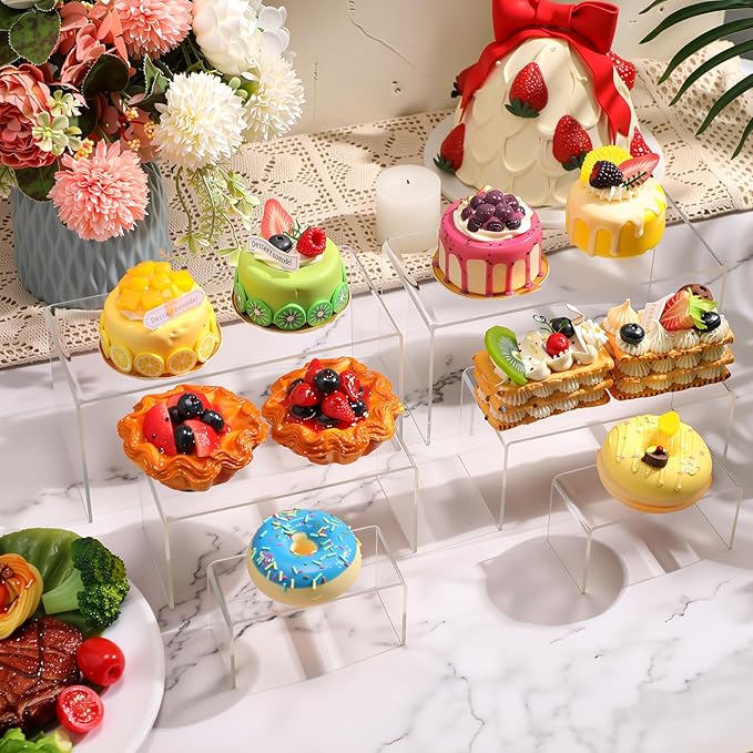 Chuangdi 2 Sets Acrylic Display Risers, Product Stand, Jewelry Display Riser Shelf Showcase Fixtures for Dessert Cupcake Candy Figure Treat Action Showcase(Clear,Large Set)