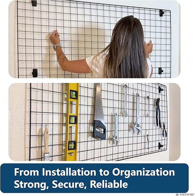 NACETURE Grid Wall Panels- 4 Pcs 2x4 ft Black Grid Wall Panel Display with 16 Gridwall Hooks & 10 S-Hooks, Space Saving Wire Mesh Panels for Retail, Garage, Home & Office Storage