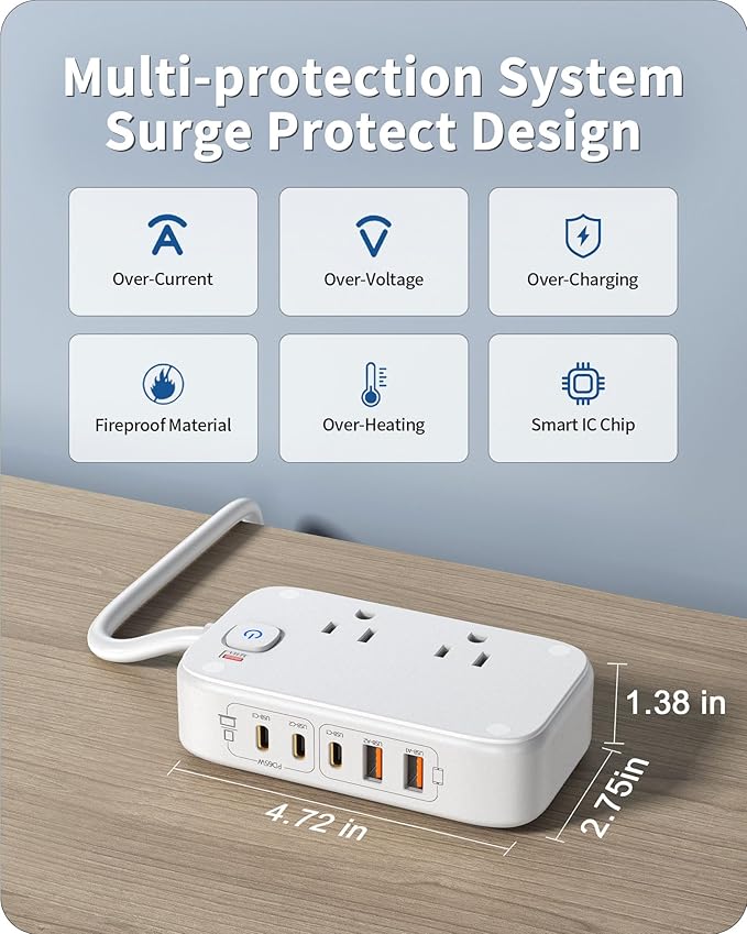 KWRNVO 7-in-1 Power Strip, 85W PD USB C Power Strip with 3 USB-C, 2 USB-A Ports and 2500W AC Outlet, Flat Plug Total 175W Essentials for Home/Office/College/Travel (White)