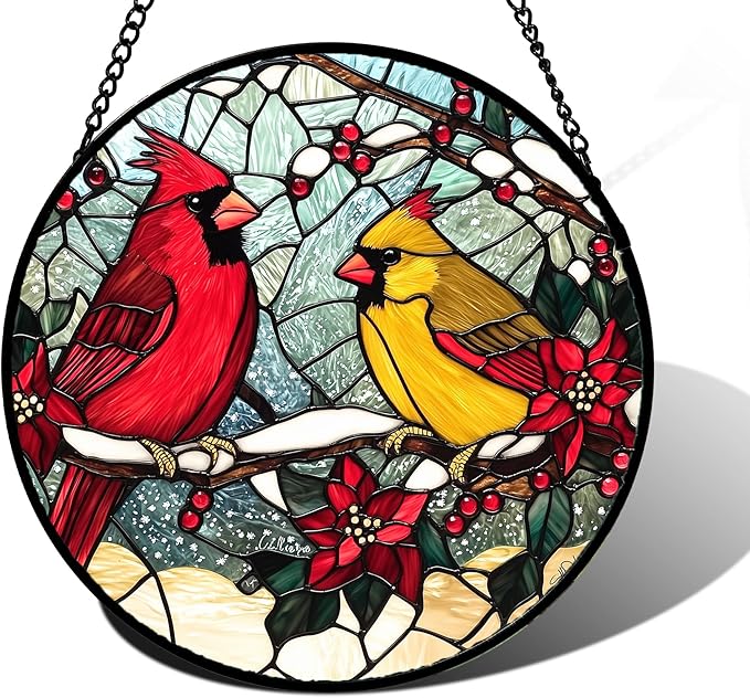 DASTOLL Stained Glass Window Hanging, Love Birds Cardinals Sun Catchers Colorful Glass Panel Birds Suncatcher Decor for Birthday for Women, Men, Wife, Lovers, and Mom 9.8 in
