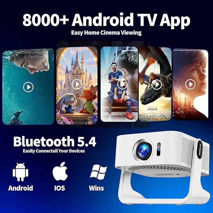 [Compatible with Netflix & Support 4K] 1080P HD Mini Projector Dual Band WiFi6 5G and BT 5.4 Auto Focus & Obstacle Avoidance Portable Outdoor Projector, 270° Adjustable Stand for Home Movie - White
