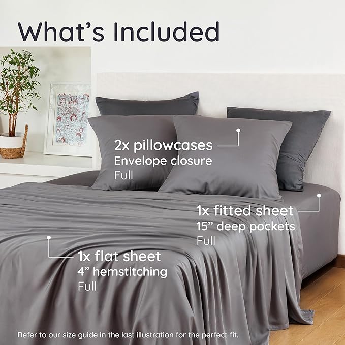 Bambaw 4pcs Full Size Sheet Set - 100% Viscose Derived from Bamboo - Cooling, Soft, Modern - Dark Gray