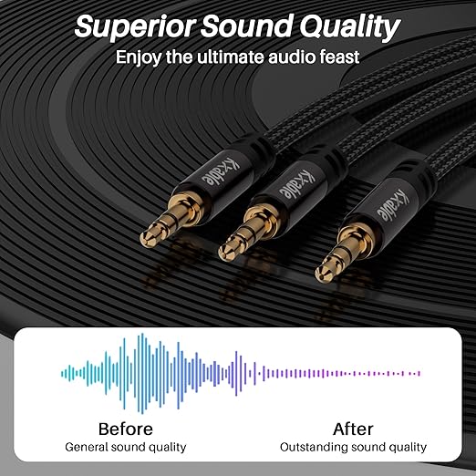 Kxable 1/8 Inch TRS Stereo Y Splitter Cable 2FT, 3.5mm Male to 2-Male Y-Splitter Stereo Audio Cable, for Cell Phone PC Laptop, Speaker, Headphones, Suitable for Switching or Two Sets of Speakers