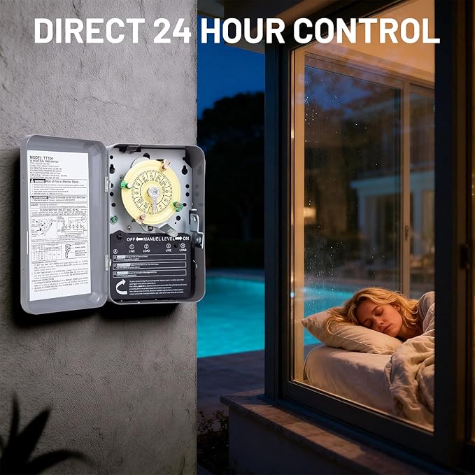T104M Mechanical Timer Switch Mechanism Only, Heavy-Duty Timer Switch for Pool Pumps, 120V 40A DPST, 24-Hour 12 ON/Off Cycles - for Lights, Water Heaters, Fans, HVAC Systems