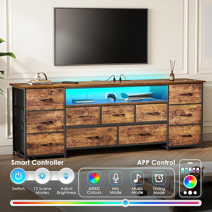 Huuger 63 Inch TV Stand for 65, 70 Inch TV, 11 Drawer Long Dresser with Power Outlets and LED Lights, Entertainment Center with Storage, Rustic Brown Dresser with PU Leather Surface