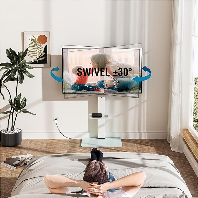 FITUEYES Floor TV Stand for 32-75 inch TV with Power Outlet, Tall TV Stand for Bedroom Living Room with Tempered Glass Base, Floor TV Mount Holds Up to 88lbs MAX VESA 600x400mm,White