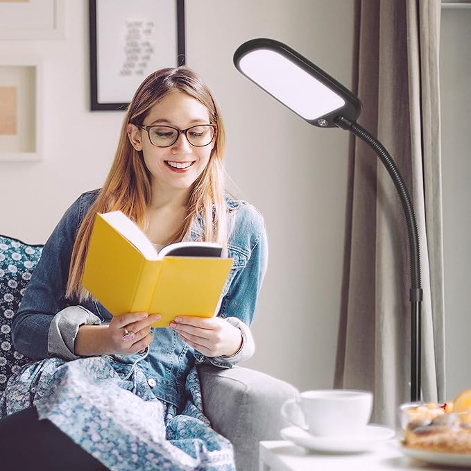 Brightech Litespan Slim LED Floor Reading Lamp - Modern Tall Lamp with Adjustable Gooseneck for Living Rooms & Offices - Dimmable Crafts Work Light - Brown