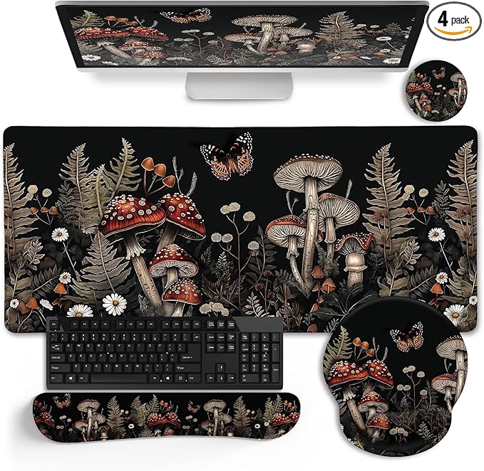 LIMKRIAN Mushroom Mouse Pad Set Large Desk Matt for Desktop, Ergonomic Mouse Pad with Wrist Rest, Gaming Mouse Pad Wrist Support Keyboard Mat Cup Coaster Set Office Desk Decor Accessories
