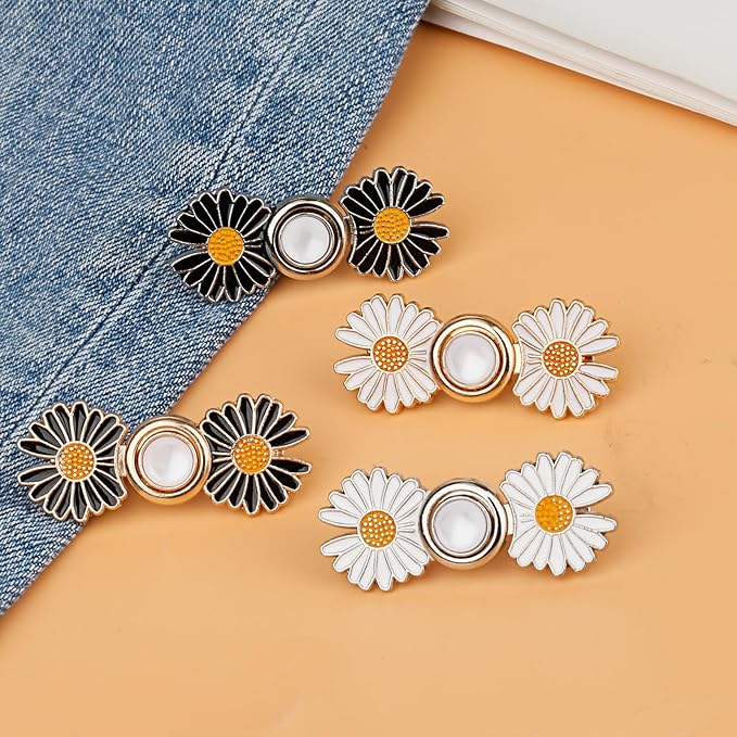 TOOVREN Pant Waist Tightener, Detachable Jean Buttons for Loose Jeans, No Sew and No Tools Button Pins for Jeans, Adjustable Jean Buttons Pins, Daisy Flower Instant Pants Button Tightener 4 Sets