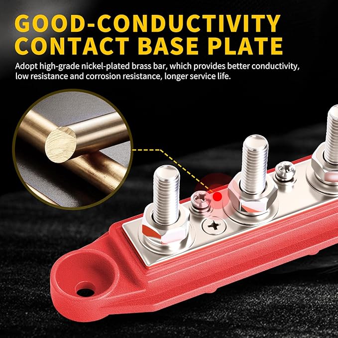 Bolipoeq Bus Bar 250A 12V Power Distribution Block 4 x 5/16"(M8) Studs for Automotive Marine Car Audio, 12 Volt Battery Busbar Terminal Block with Waterproof Cover (Pack of 2, Positive & Negative)
