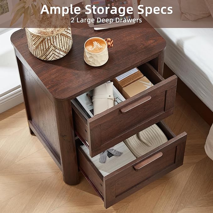 Joaxswe Farmhouse Nightstand with Charging Station, End Tables Bedroom with 2 Large Drawers & 4 Thickened Table Legs, Walnut