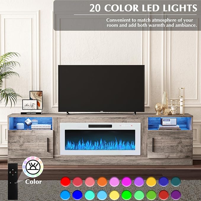 VITESSE TV Stand Fireplace with 36" inch Electric Fireplace Up to 90" TVs, LED Light Entertainment Center, 80" Modern Wood High Gloss with Highlight Storage Cabinet for Living Room (Gray)