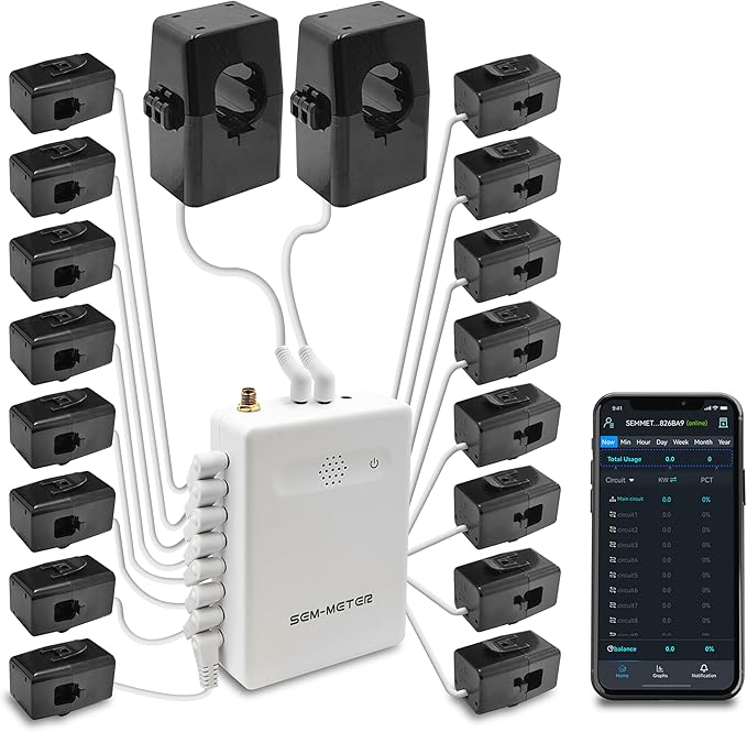 Smart Home Energy Monitor with 16 50A Circuit Level Sensors, Measure Power Usage in Real-Time, History with App (16 50A Circuit Level Sensors) - Compatible with Home Assistant