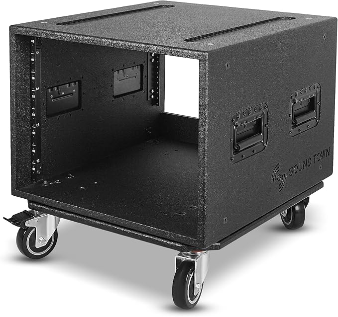 Sound Town 8U PA/DJ Rack/Road Case with 8-Space, Industry-Grade 0.7" (18mm) Plywood with Polyurea Coating, Rain Cover, Casters, 21.7" Rackable Depth - Pro Tour Grade (STRCP-8UW)