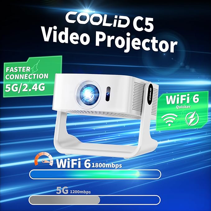 [Compatible with Netflix & Support 4K] 1080P HD Mini Projector Dual Band WiFi6 5G and BT 5.4 Auto Focus & Obstacle Avoidance Portable Outdoor Projector, 270° Adjustable Stand for Home Movie - White