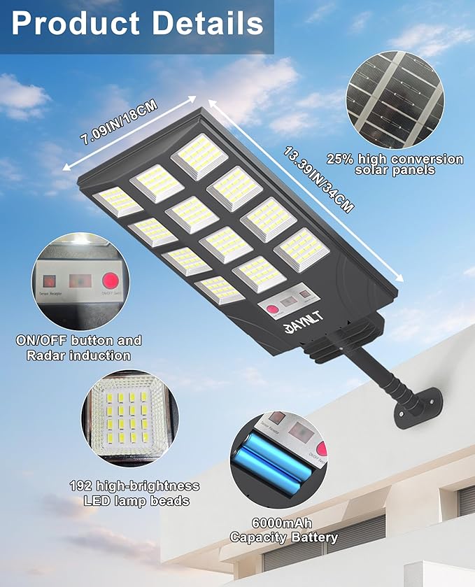 JAYNLT Solar Lights for Outside, 5 Lighting Modes Solar Flood Security Light with Motion Sensor & Dusk to Dawn&Remote, 6500K Street Lamps for Yard Garden,Shop - 4PACK