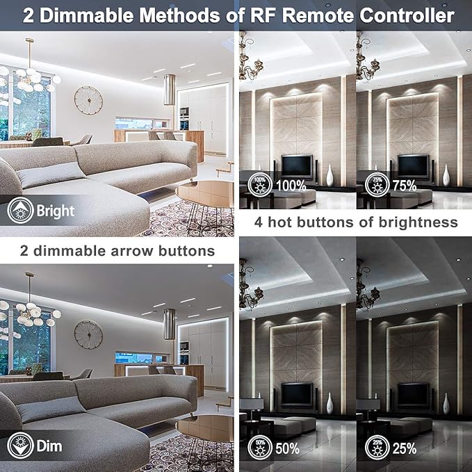 MY BEAUTY LIGHT LED Strip Lights White, 50.5ft Dimmable LED Light Strip with RF Remote, 24v Plug-in Adhesive Rope Lights with Timing Mode for Living Room Bedroom Kitchen
