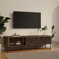 LuxenHome TV Stand for Living Room up to 80'' TVs, 71" Mid Century Modern Dark Oak Finish Wood with Basket Weave Design Entertainment Center with Storage, Media Console TV Console Cabinet for Entryway
