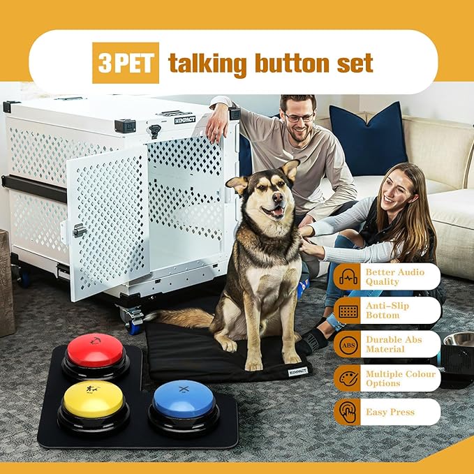 Dog Buttons for Communication Starter Pack 3 Dog Talking Button Set, 30s Voice Recording Speaking Button Pet Speech Training Buzzers with 30 Scene Stickers and Dog Button Mat for Animal Training
