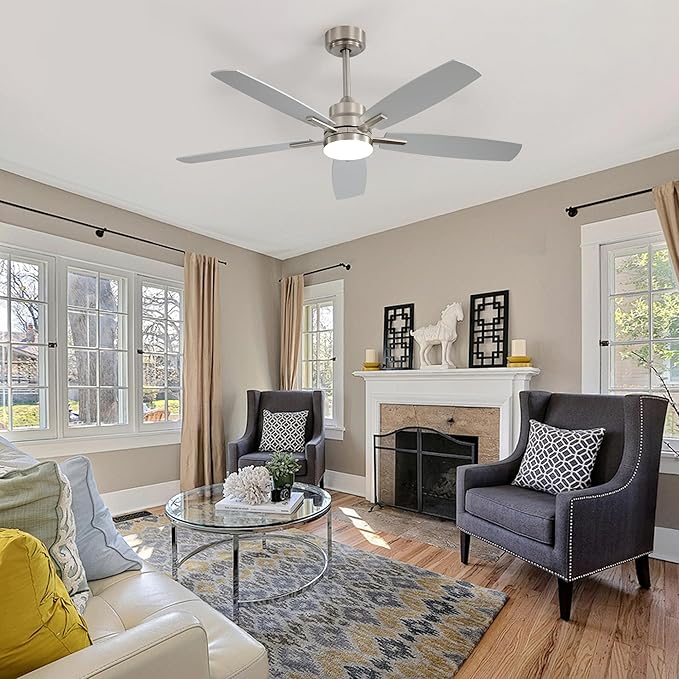 ARTPLAN 52" Ceiling Fan with Light and Remote, Noiseless DC Motor & Reversible Blades - Flush Mount LED Ceiling Fan for Bedroom, Living Room, Dining Room,Nickel