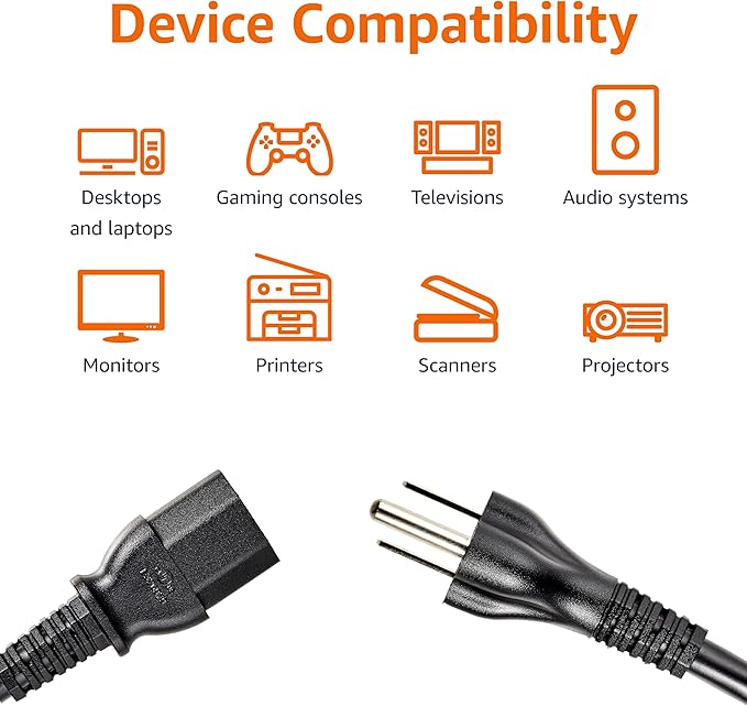 Amazon Basics PC Power Cord, 12 feet, AC Power Cord for Monitor, Computer, TV, 3 Prong, 18 AWG, 125 Volts, Black