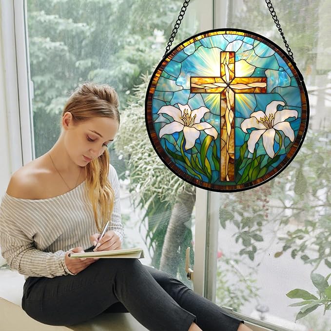 DASTOLL Christian Gifts for Women - Cross Stained Glass Window Hanging Jesus Easter White Lily Flower Sun Catcher Garden Religion Decor Mother's Day Catholic Gift for Men Grandma Mom Her Nana 7.8"