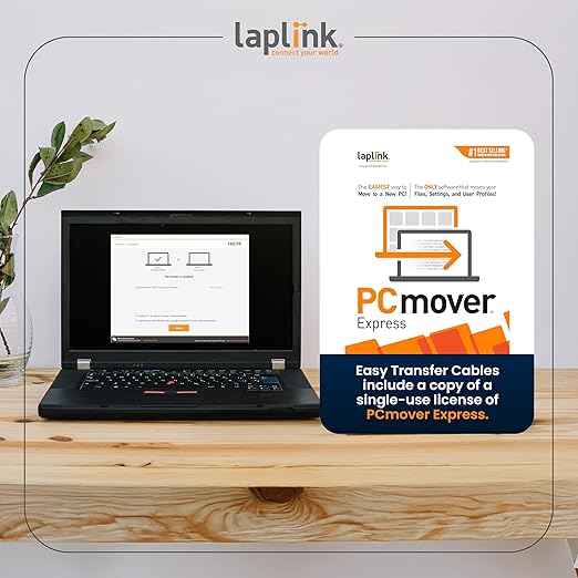LAPLINK Easy Transfer Cable, Includes PCmover Express Data Transfer Software and High Speed Ethernet Cable, Single Use License, Only Transfers Files and Settings. Compatible with Windows 11