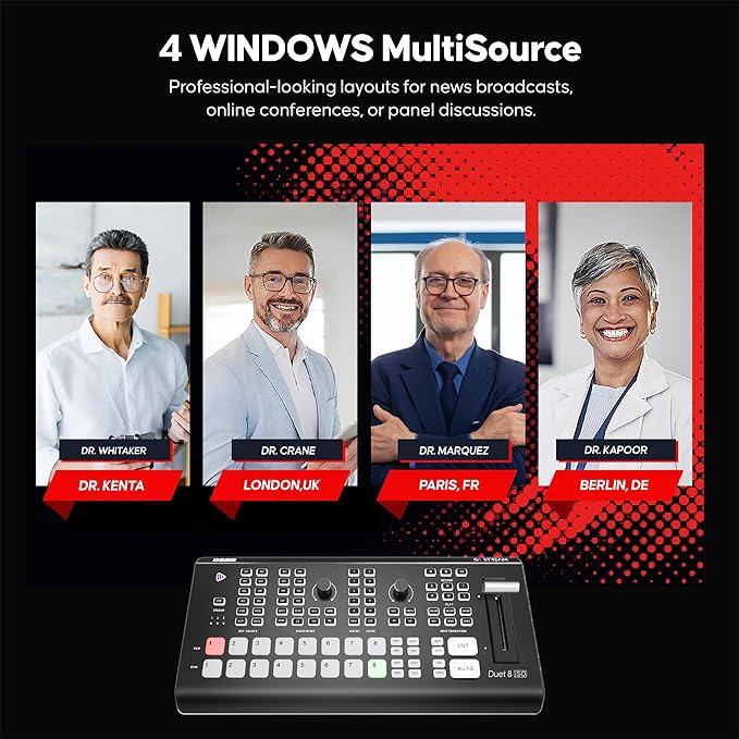 Osee GoStream Duet 8 ISO, 8 Channels Video Switcher with 4 4K-HDMI, 4 SDI, and 4 NDI HX/ 4 SRT/ 4 RTMP/ 2 Webcam. 2 XLR Audio, 8 Layouts, Isolated Recording, Podcast Unit for YouTube, Facebook