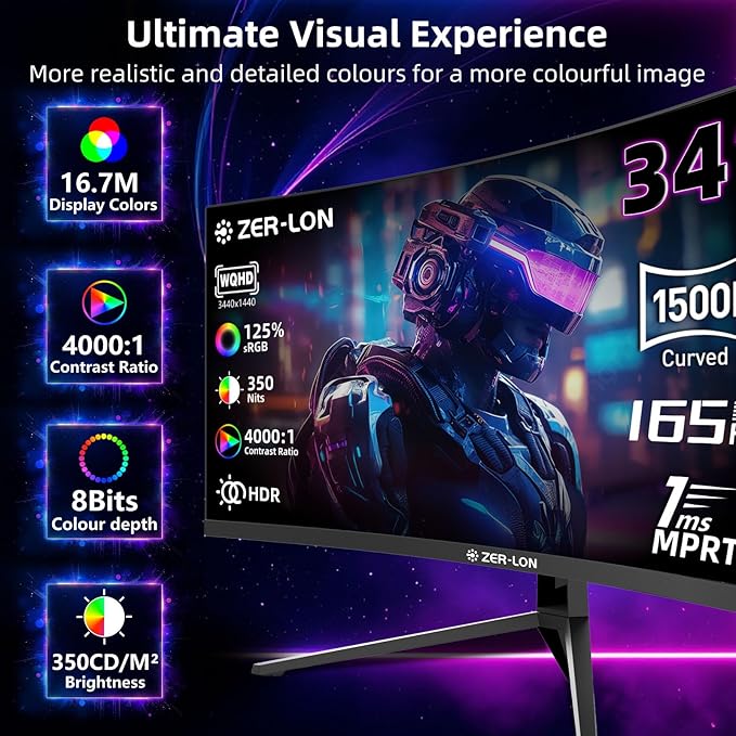 ZER-LON 34 inch Curved Gaming Monitor, 21:9 WQHD 3440×1440 165Hz Ultrawide Computer Monitors, 1500R 1ms(MPRT), 125% sRGB, 350nits, FreeSync, HDMI2.0 x2, DP1.4 x2, Wall Mountable/Tilt Adjustable Black