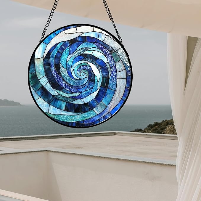 CRISGIF Stained Glass Window Hanging - Blue Abstract Swirl Suncatcher for Doors Garden Patio Unique Sun Catchers Decor Christmas Mother's Day Birthday Gifts for Women Men Mom Nana Friend 7.8 in