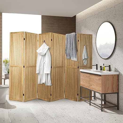 Babion 6 Panel Pegboard Display, Pegboard Room Divider Freestanding Folding Privacy Screens Display Stand for Craft Shows (Natural)