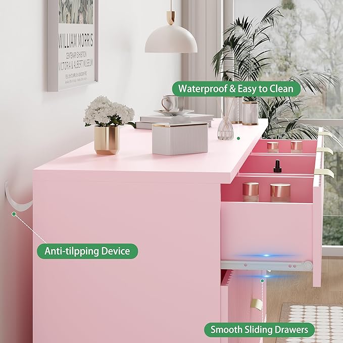 Xixini Fluted Dresser for Bedroom with 9 Drawers, 57" Wide Modern Chest of Drawers with Metal Handle, Wooden Dresser TV Stand, Wood Closet Clothes Storage Organizer for Living Room, Hallway, Pink