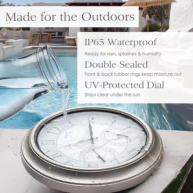 FOUNTAIN DESIGNS 18" Illuminated in/Outdoor Clock with Smart Sensor and Night Light, Waterproof, Large Wall Clock with Thermometer & Hygrometer, for Garden,Pool and Patio Decor (Morning Silver)