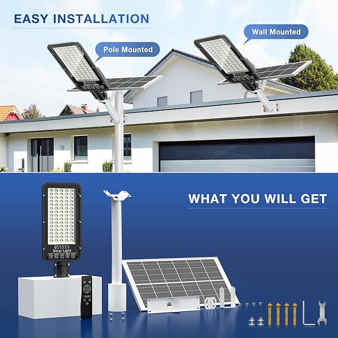 OKPRO 12000W Solar Street Lights Outdoor - 6500K Commercial Parking Lot Lights Dusk to Dawn, Waterproof Solar Powered with Remote Control, High Brightness Solar Street Light for Driveway/Yard/Garage