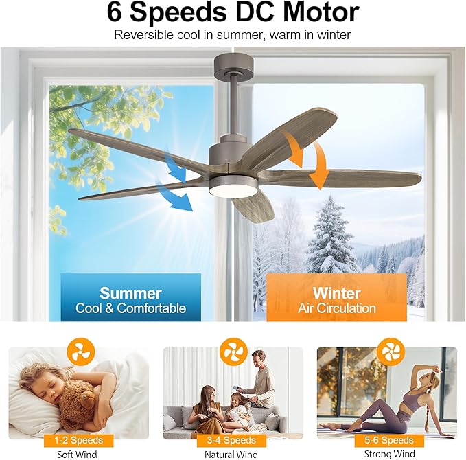WINGBO 54" Ceiling Fan with Light - 5 Carved Solid Wood Blades, 6-Speed Reversible DC Motor, Dimmable, 3CCT, Noiseless Remote Control Ceiling Fans with Lights for Bedroom Living Room, Charcoal Gray