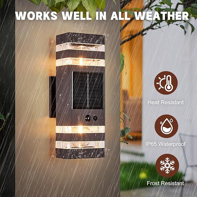 Oil Rubbed Bronze Solar Outdoor Wall Lights with 3-Mode Motion Sensor Outside Sconces Up Down Solar Porch Light Fixtures 3000K 500LM Dusk to Dawn Modern Exterior Wall Lamp for House Garage Front Door