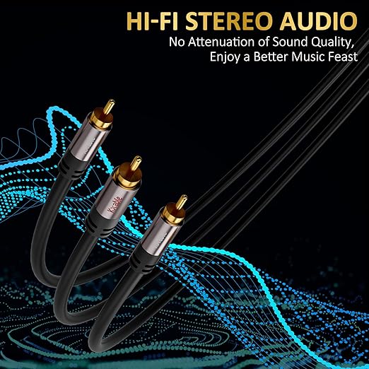 RCA Y-Adapter Splitter Cable (2 Pack-10FT+10FT), 1 RCA Male to 2 RCA Male Stereo Audio Subwoofer Cable, Bi-Directional, for Home Theater, Hi-Fi System, Amplifier, Speaker, 24K Gold Plated, OD:5.0MM
