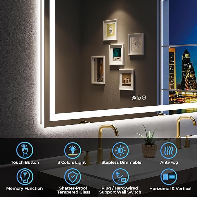 YEELAIT 60x36 Inch LED Bathroom Mirror with Lights Front and Backlit Lighted Vanity Mirror for Bathroom Wall with 3 Colors Dimmable Anti-Fog Memory Shatter-Proof IP54 Waterproof Horizontal/Vertical