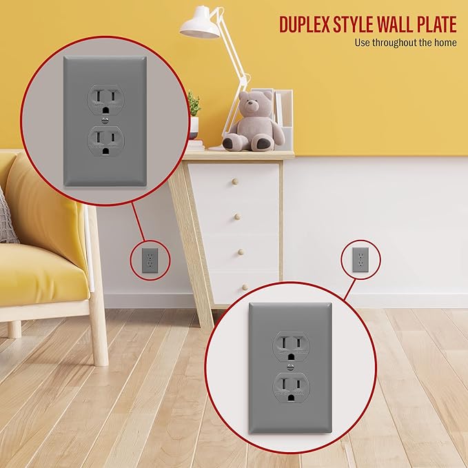 ENERLITES Duplex Receptacle Wall Plate, Electrical Outlet Covers, Gloss Finish, Mid-Size 1-Gang 4.88" x 3.11", Polycarbonate Thermoplastic, UL Listed, 8821M-GY-10PCS, Gray, 10 Pack, 10 Count
