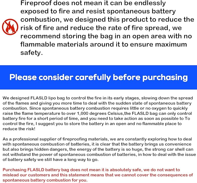 FLASLD E-Bike Battery Safe Bag Explosionproof - Large Capacity Fireproof Lipo Bag for Ebike Battery Charging and Storage (19.3 x 4.3 x 7in)