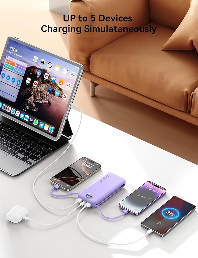 Ultra-Portable-Charger-Power-Bank with Built in Cables&AC Wall Plug,12000mAh PD20W USB-C Fast Charging Cell Phone Charger Battery Pack,LED Display Travel Battery Bank for All iPhone,Samsung,Android