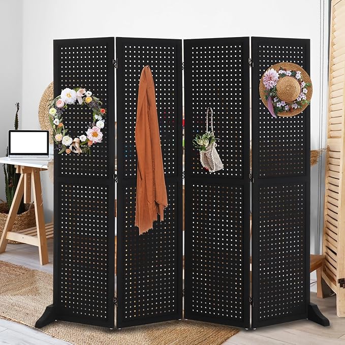 Bonnlo 4 Panel Pegboard Freestanding, 5 FT Portable Display Board Organizer for Craft Show Jewelry, Wooden Folding Privacy Screen Room Divider (with Base, Black)