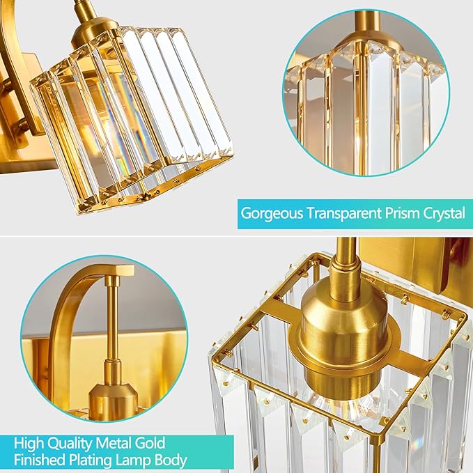 FDPBY Crystal Vanity Lights 2-Light Gold Wall Lamp Modern Crystal Bathroom Light Fixtures Over Mirror 13.77" Long Bathroom Wall Sconce