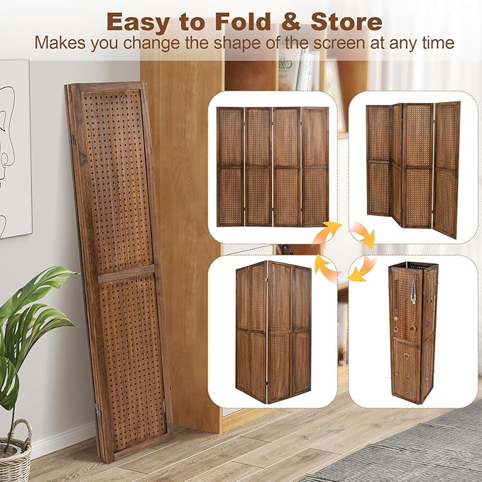 Giantex 4 Panel Pegboard Display & Room Divider, 5.6FT Folding Pegboard Stand for Crafting Show Jewelry Retail, Freestanding Privacy Screen, Wooden Partition Wall Divider for Room Separation, Brown