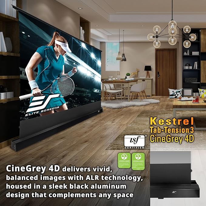 Elite Screens Kestrel Tab-Tension 3 CineGrey 4D, 122 inch 16:9, Standard Throw ISF Ceiling Ambient Light Rejecting (CLR/ALR) Electric Floor-Rising Projector Screen, Programmed Remote Kit, FTE122H3-C4D
