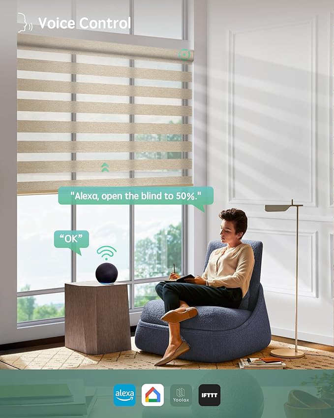 Yoolax Motorized Zebra Blinds Works with Alexa, Motorized Blinds with Remote Custom Size, Privacy Electric Zebra Shades for Windows (80% Shading Luxury Coffee)