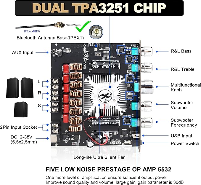 S350HS TPA3251 Bluetooth Power Amplifier Board with Subwoofer 2.1 Channel 220W×2+350W, 12V-38V Audio Power Amplifier Module with Treble and Bass Control,Black (S350HS)