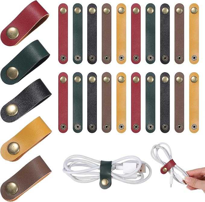 20 PCS PU Leather Cord Organizer, Multicolor Leather Cable Ties Portable Snap Cable Strap Charging Cables Cords Organizer Reusable Cord Keepers Multipurpose Winder for Men Women (5 Colors)