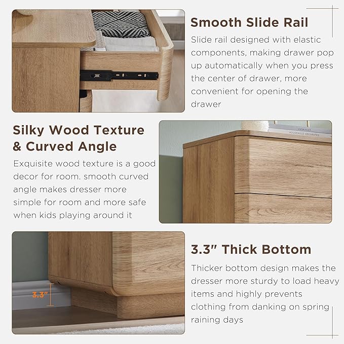 JXQTLINGMU 9 Drawer Dresser for Bedroom, 52" Wide Modern Wood Dressers with Push-to-Open Drawers for Closet Storage, Chest of Drawers TV Stand for Living Room & Hallway, Curved Profile, Natural