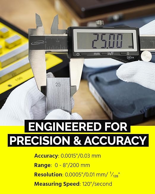 iGAGING EZCal Digital Caliper 0-8"/200 mm - IP54 Electronic Caliper with Extra-Large LCD Display - Quick & Accurate Measurements in Inch, Metric, & Fraction Modes - Includes Case, Manual, & Battery